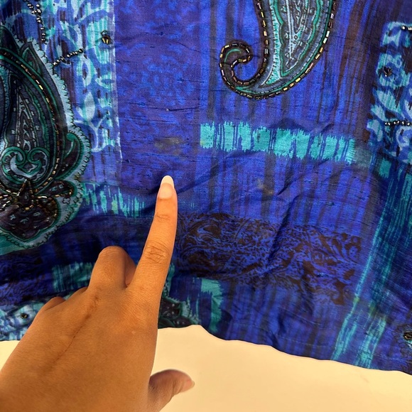 Vntg Chico's Design Silk Raw Blue Paisley Beaded Button Up Jacket Blouse Sz 1 - Picture 8 of 10